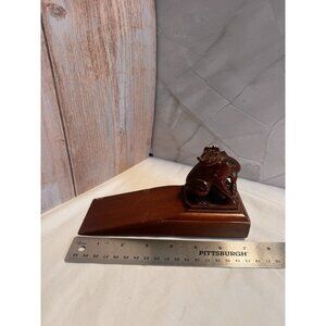 Vintage Hand Carved Wooden Frog Doorstop – MCM Animal Bookend – Solid Wood